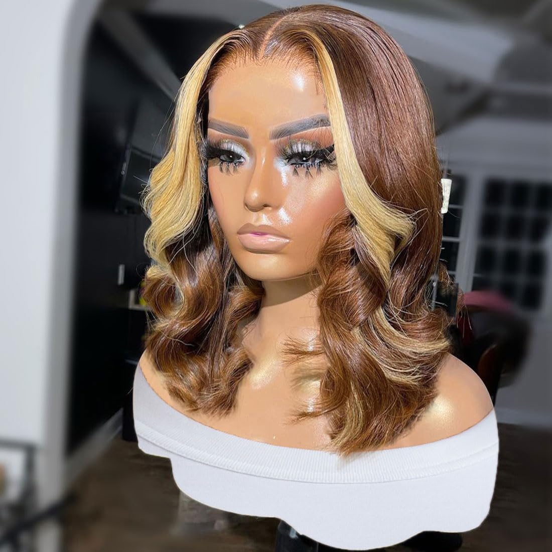 Brown With Blonde Highlight Bob Body Wave Lace Front Wigs Human Hair 13x4 HD 180% Density Glueless Bob Wig Human Hair Pre Plucke