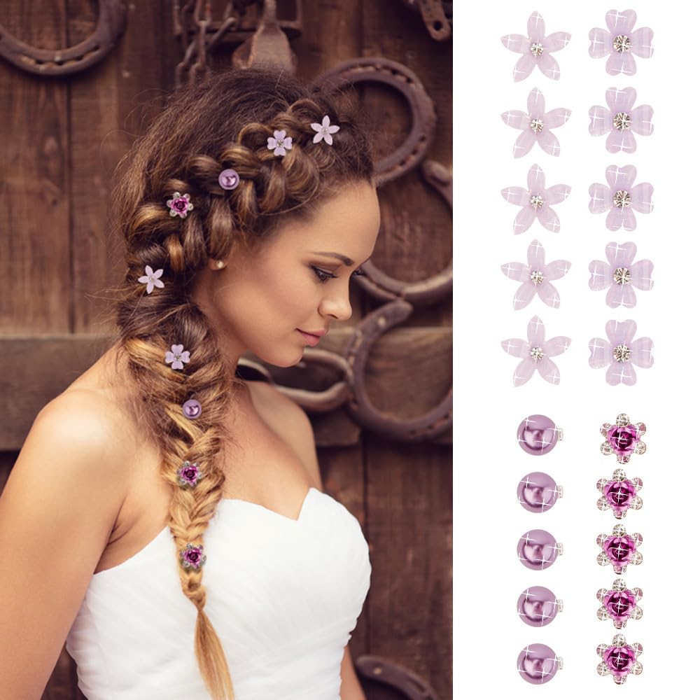 Ahoney 20Pcs Purple Flower Hair Clips With Rhinestone Mini Clips For Hair Cute Hair Pins Decorations Hair Clips For Prom Hair Ba