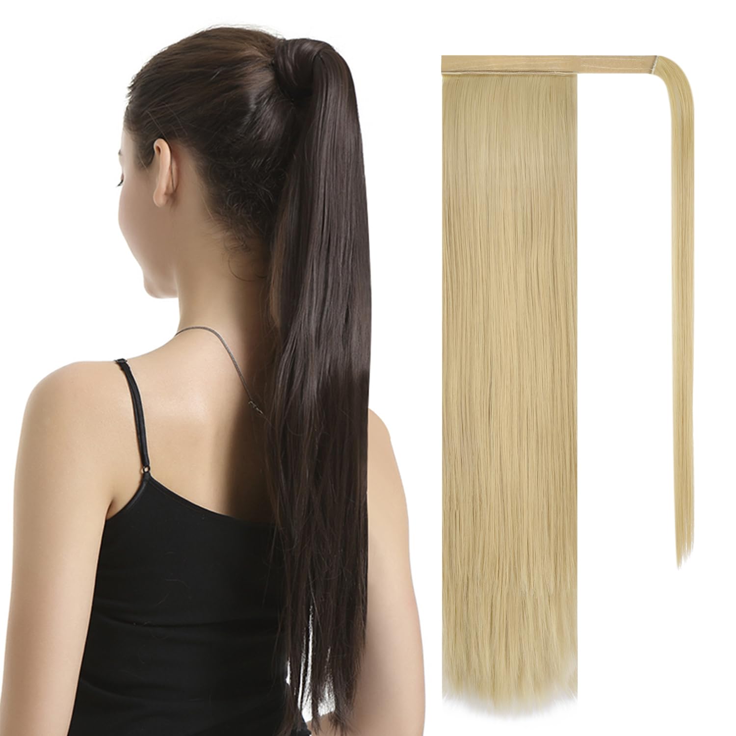 BARSDAR 24 inch Ponytail Extension Long Straight Wrap Around Clip in Synthetic Fiber Hair for Women - Light Blonde mix Bleach Bl