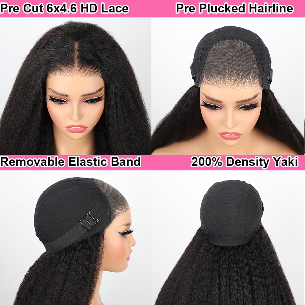 Domiso 28 Inch Glueless Wig Human Hair Yaki Hair Pre Cut 6X4.6 Hd Lace Wig Kinky Straight Lace Front Wigs Human Hair For Women B