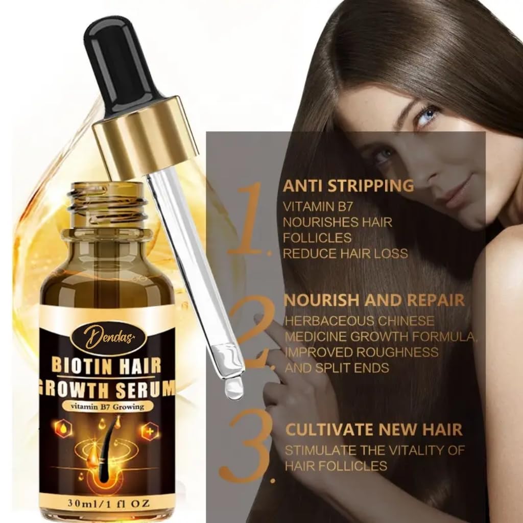 Dendas Biotin Hair Growth Serum - Anti-Hair Loss Essential Oil Treatment, Prevents Thinning, Repairs Dry & Frizzy Hair, Promotes