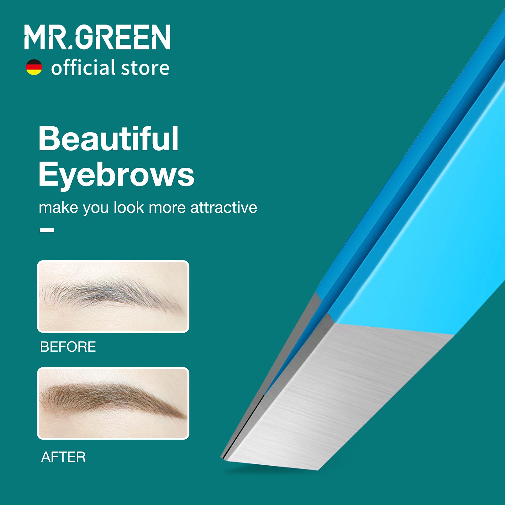 Mr.Green Eyebrows Tweezers Colorful Beauty Fine Hairs Puller Makeup Tools Stainless Steel Slanted Eye Brow Clips Removal (Blue)
