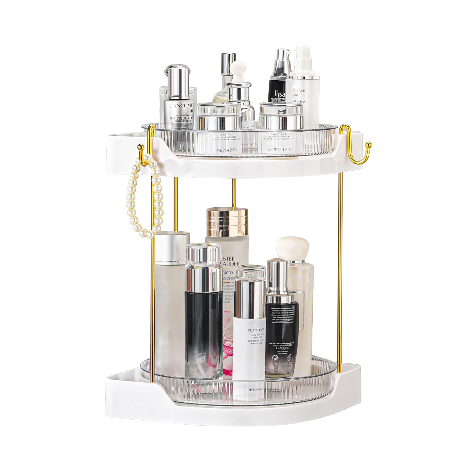 Ycia&Done Corner Makeup Organizer, Luxury Rotating Counter Storage Tray, Skincare Organizers Countertop, High Capacity 2 Tiers L