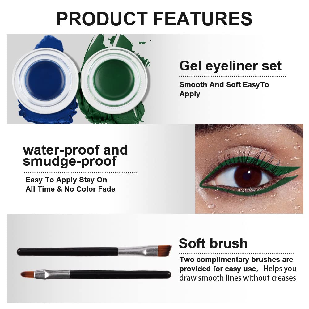 Evpct Blue & Green Gel Eyeliner Waterproof Smudge Proof For Waterline Eyebrow Cream Pomade Set With Brushes, Long Wear
