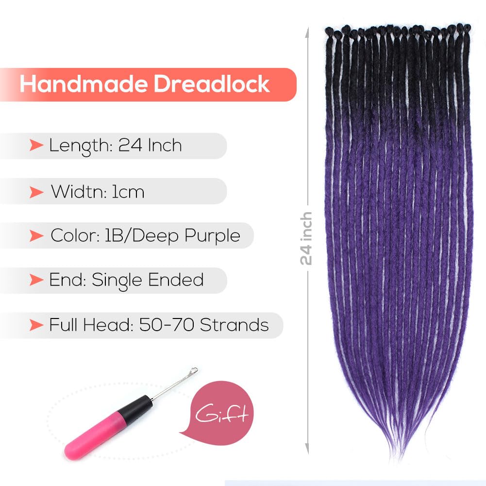 Kraler 24'' Thick Dreadlock Extensions, 20 Strands 1cm Width SE Ombre Deep Purple Crochet Dreadls Extensions of Synthetic Hair H