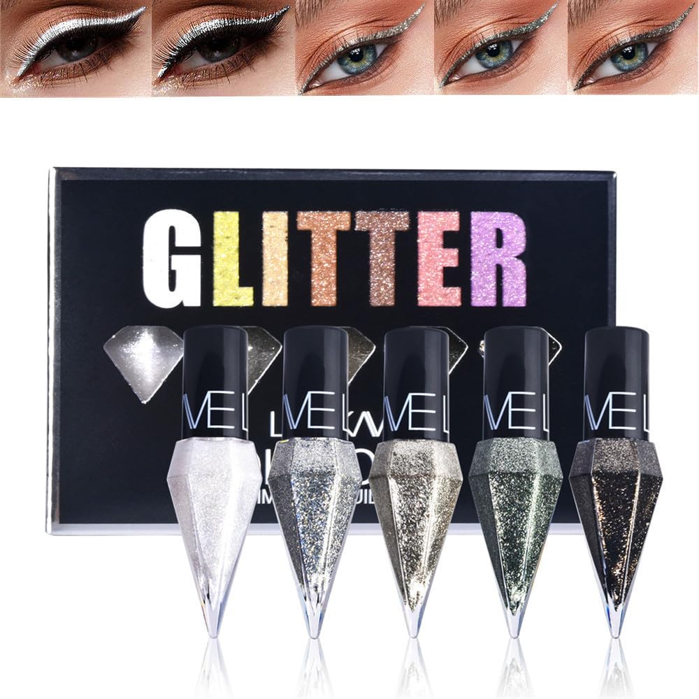 Go Ho Glitter Eyeliner Colorful Set,5 Colors Metallic Shimmer White Silver Brown Diamond Shine Eye Liner,Glitter Eyeshadow,Water