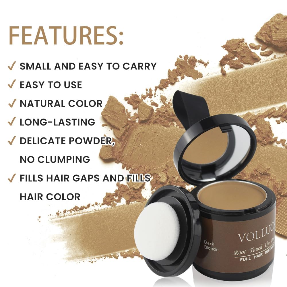 Volluck Root Touch Up Hair Shadow Powder For Men And Women - Color Powder For Bald Spots, And Eyebrows, 0.35 Ounce, Dark Blonde