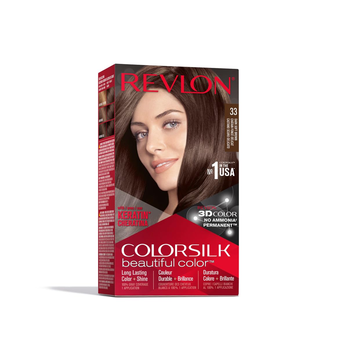 Permanent Hair Color by Revlon, Permanent Hair Dye, Colorsilk with 100% Gray Coverage, Ammonia-Free, Keratin and Amino Acids, 33