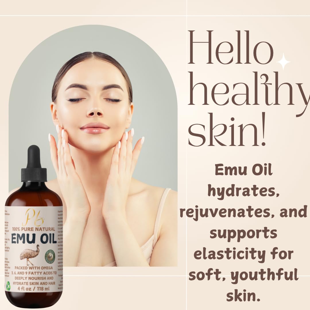 Emu Oil, 100% Pure Australian Emu Oil - Refined Natural Oil for Hair Growth, Natural Skin Moisturizer, Hydrating Face & Body Oil