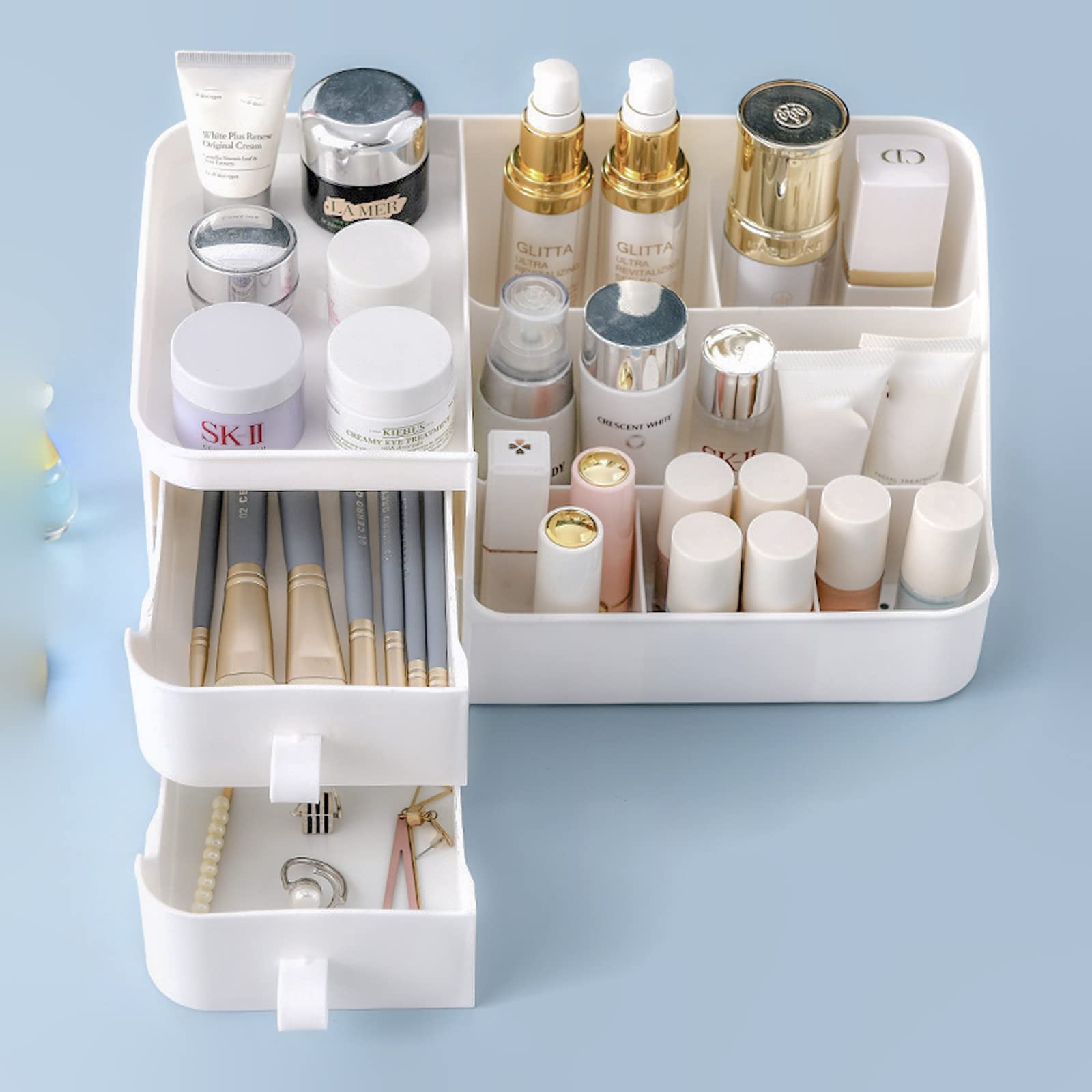 POFUOT skin care organizer,Makeup Desk Organizer With Drawers,Countertop Organizer for Cosmetics,Vanity brush with Holder for Li