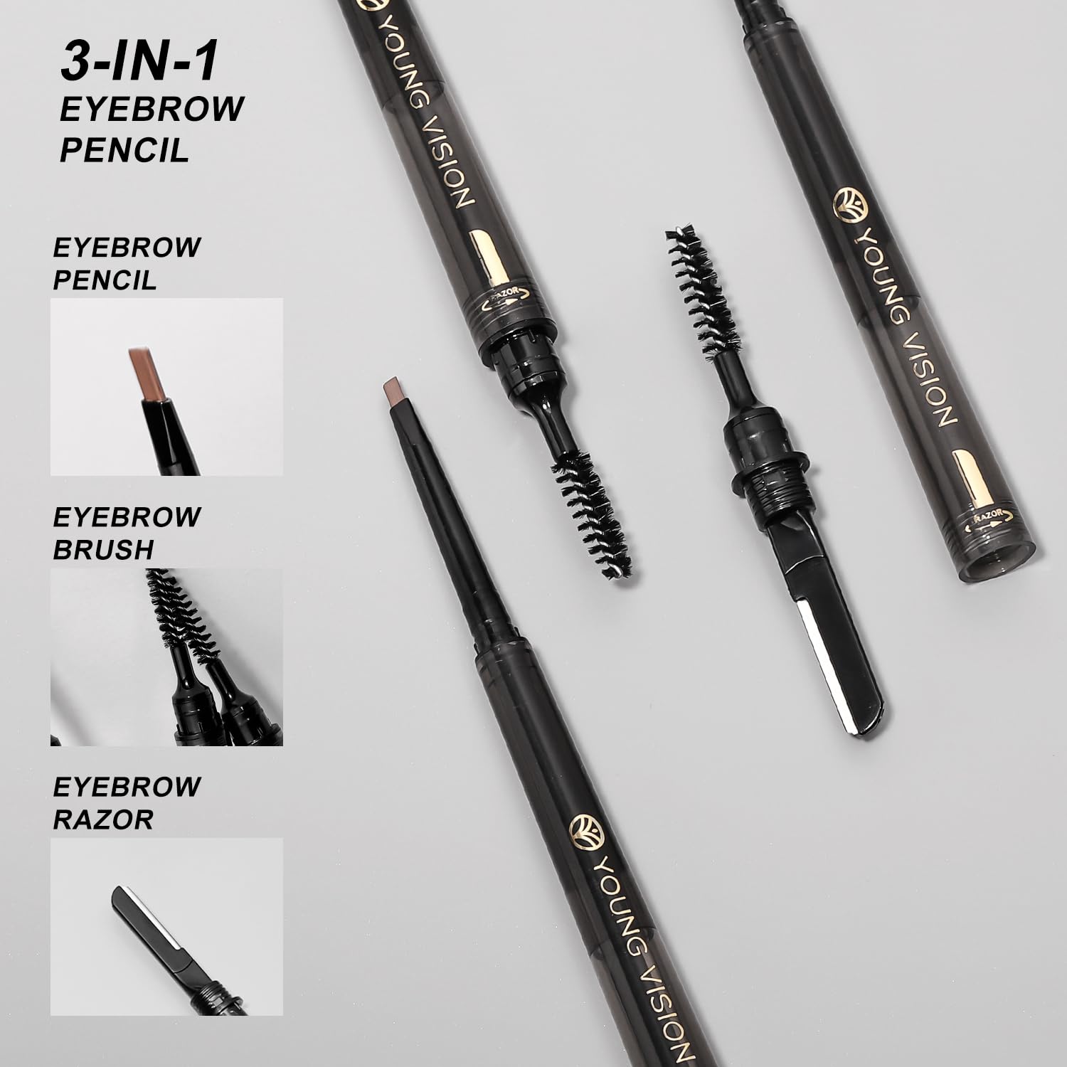 Young Vision 3-In-1 Eyebrow Pencil, Eye Brow Pen, Brush And Razor Trio, Micro-Fine + Define Eyebrow Shades, Easy To Use, Long La