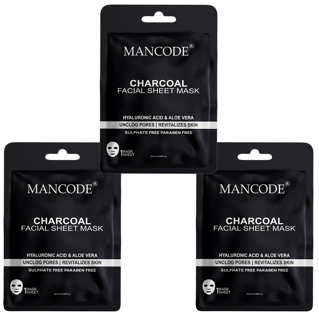 Mancode Charcoal Facial Sheet Mask 25Ml Hyaluronic Acid & Aloe Vera Unclog Pores Revitalizes Skin Brightening & Enhances Glow Ko