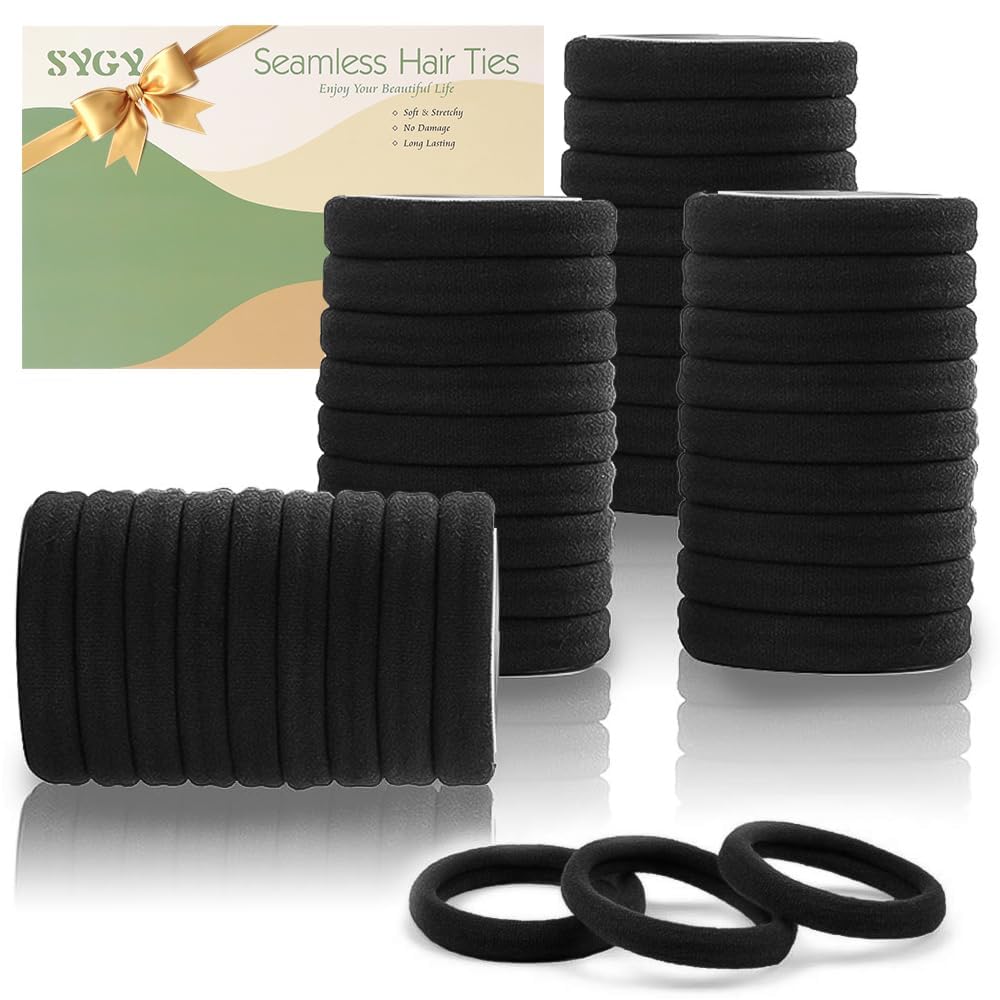 100PCS Black Hair Ties for Women, No Crease No Damage, Seamless Cotton Bands for Thick Thin Hair, Soft Ponytail Holders, Accesso