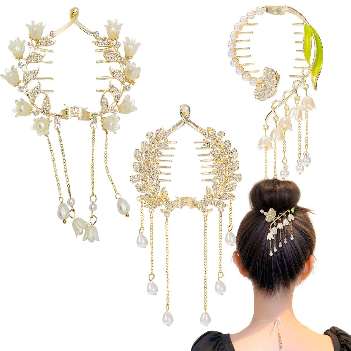 3 PCS Jewelry Rhinestone Hair Claw Clips for Women Long Tassel Hair Claw Clips Non Slip Hair Accessories Hair Barrettes Pearl Po