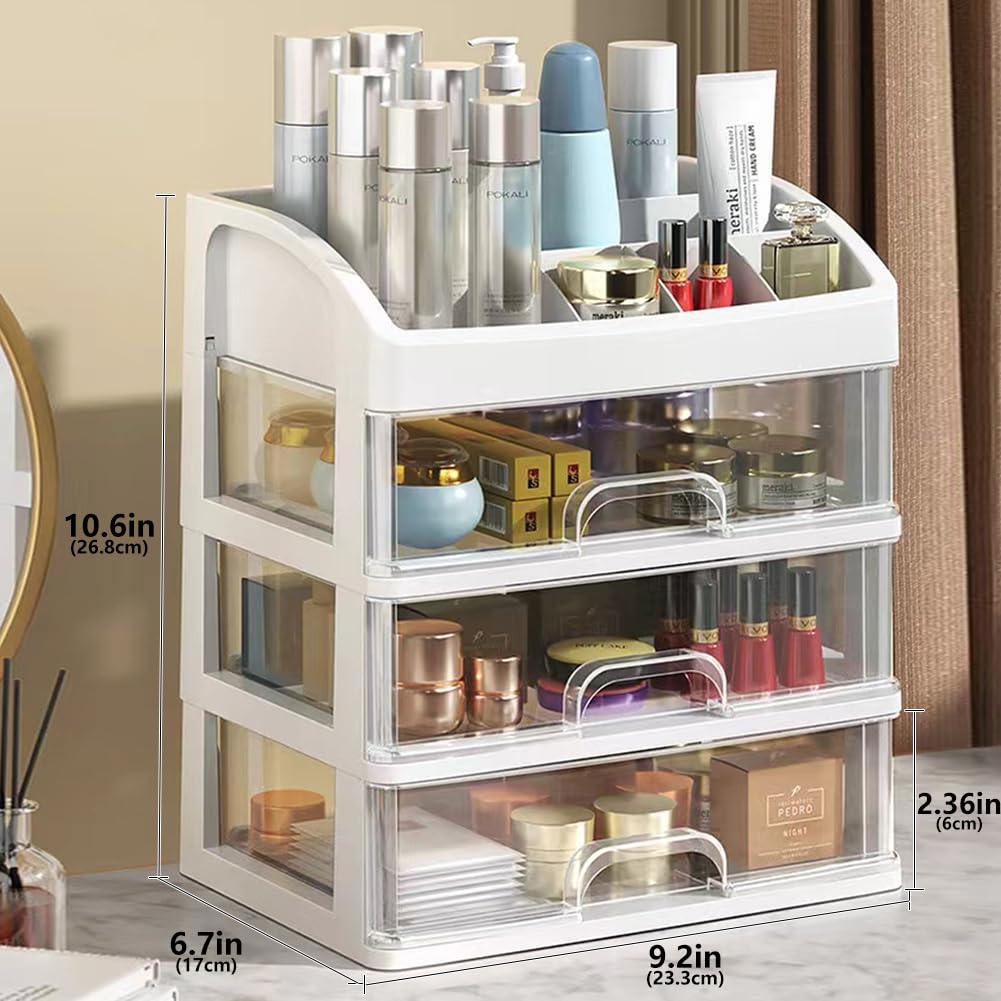 Makeup Organizer With 3 Drawers, Cosmetic Display Cases, Makeup Storage Box (3 Drawers) (White)