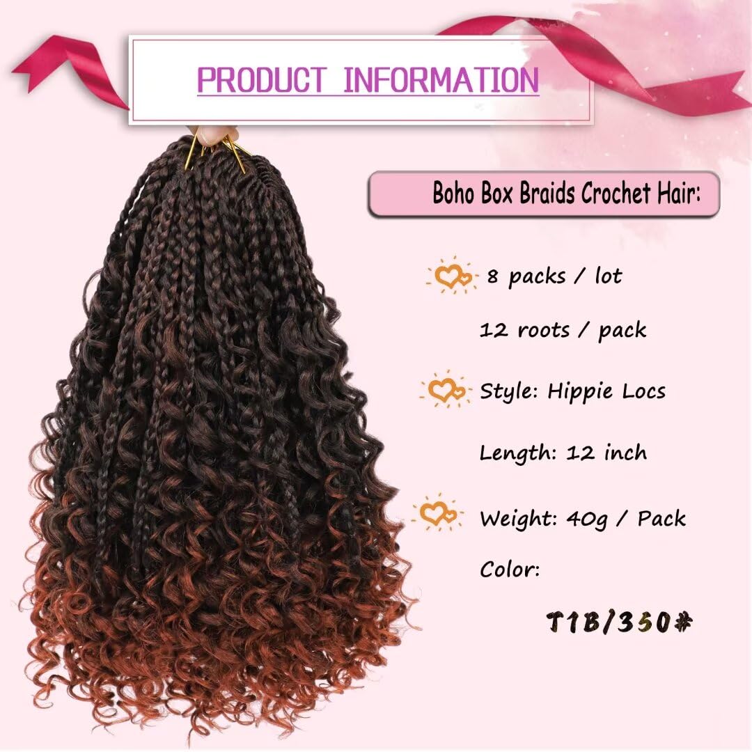 8 Packs Boho Box Braids Crochet Hair With Curly Ends 12 Inch Copper Red Box Braid Crochet Hair With Curly Ends Goddess Box Braid
