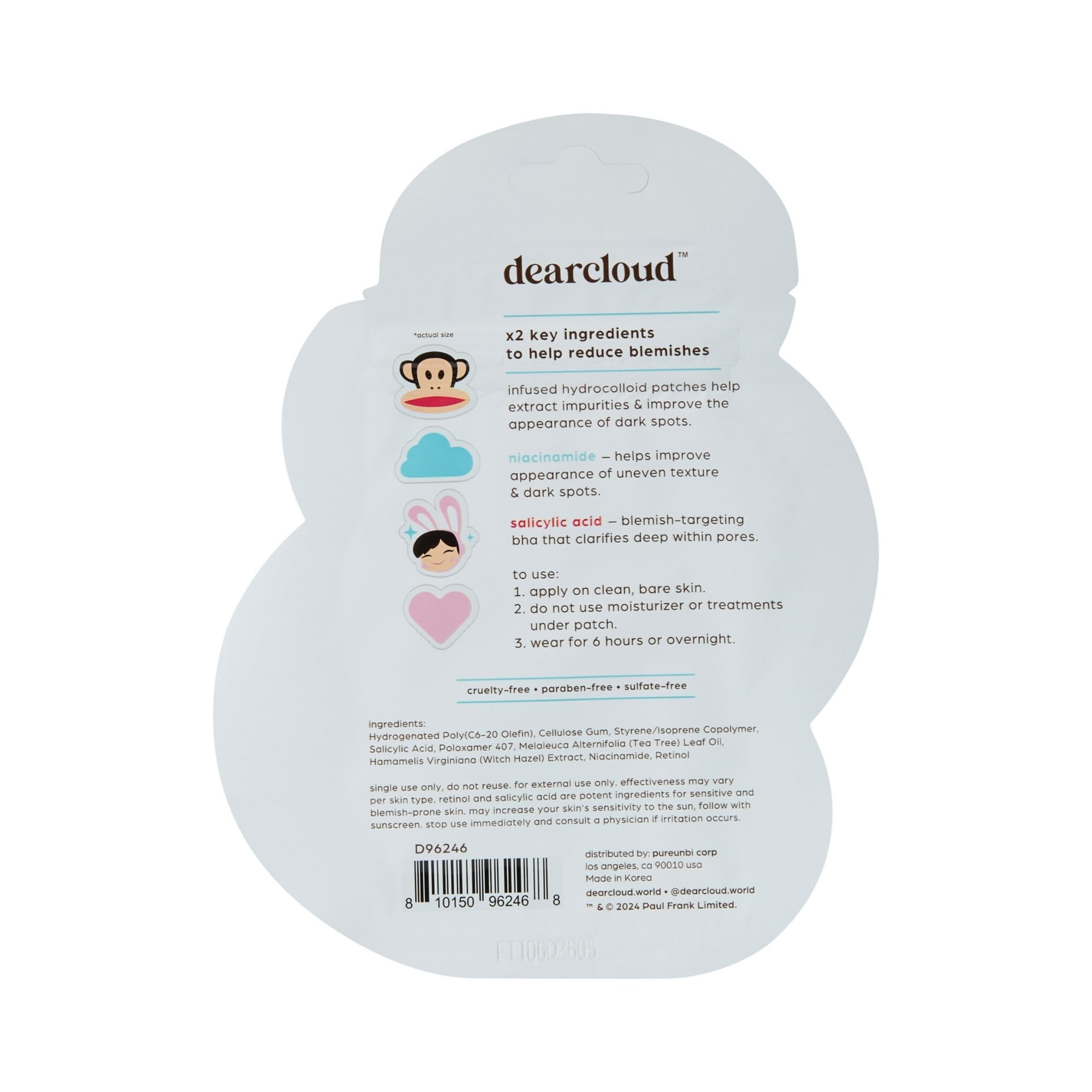 dearcloud x Paul Frank Zit Buster Julius Hydrocolloid Blemish Patches, Pimple Patches for Face, Acne Spot Treatment With Niacina