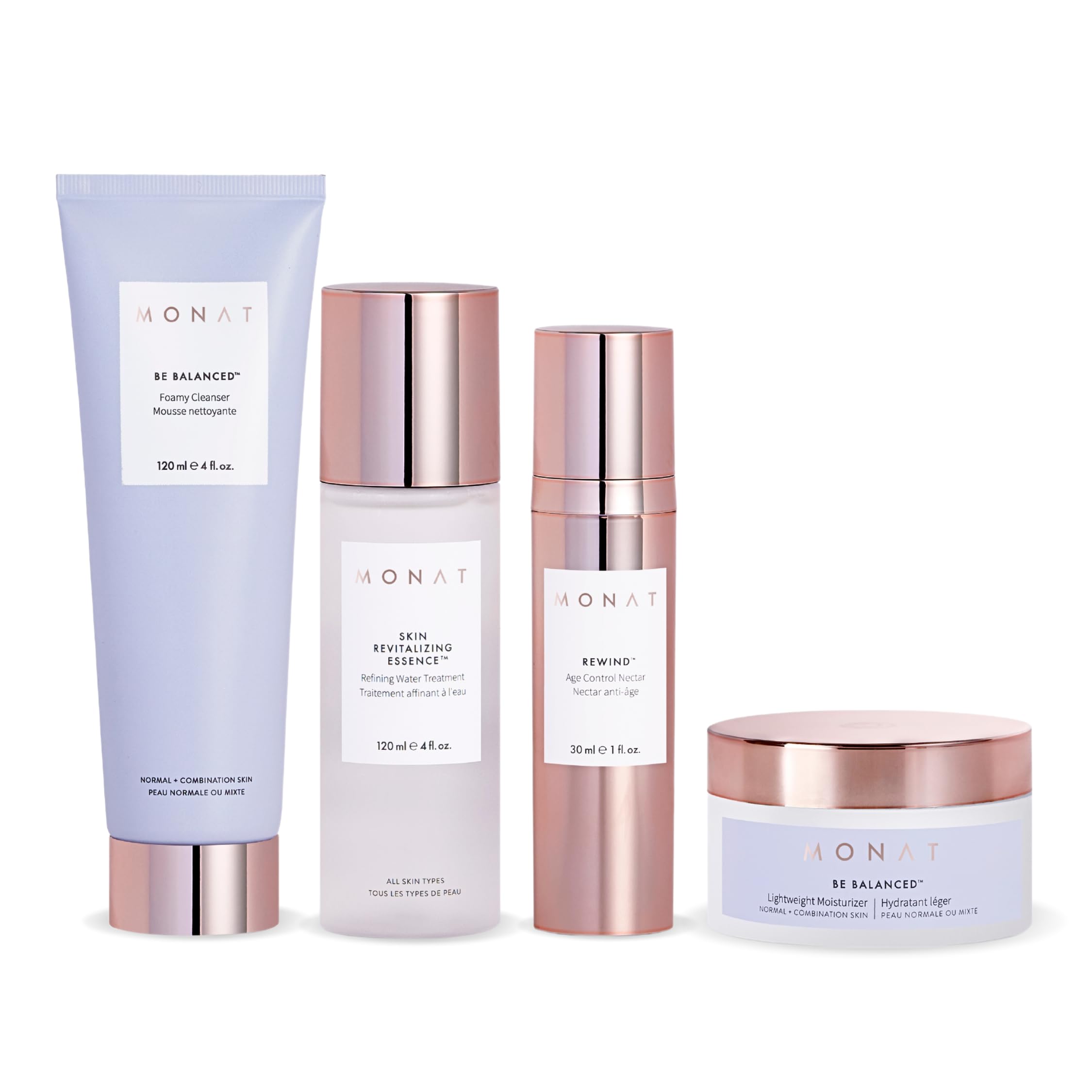 Monat BE BALANCED System for Normal & Combination Skin - Brighten & Renew, Includes Foamy Cleanser, Revitalizing Essence, Age Co