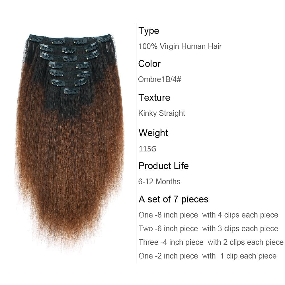 AmazingBeauty 8A Double Weft Texlaxed Kinkys Straight Ombre Clip Extensions Human Hair for Black Women, Natural Black Fading int