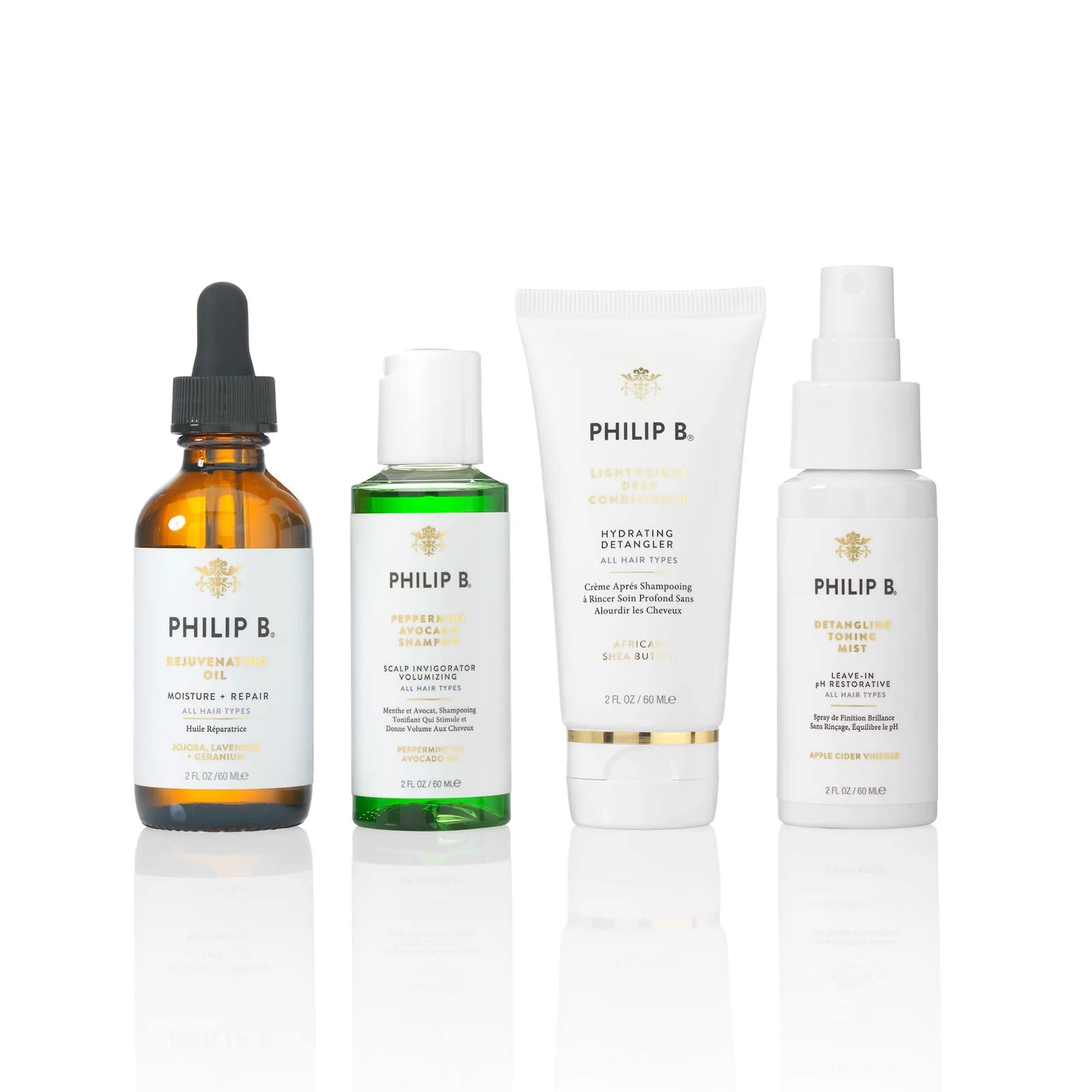 Philip B. 4 Step Discovery Kit - Includes Peppermint Avocado Shampoo, Rejuvenating Oil, Detangling Toning Mist & Lightweight Dee