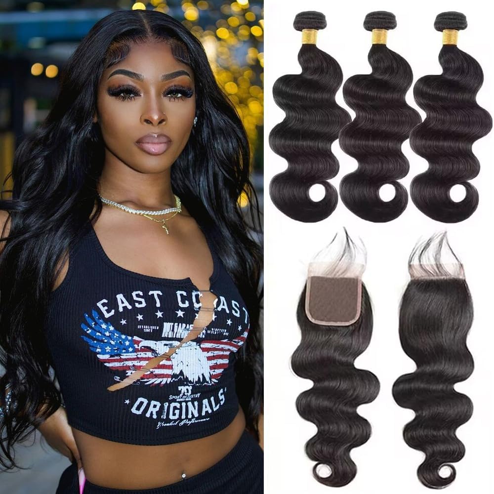 10A Brazilian Body Wave Bundles with Closure Human Hair (16 18 20+14 inch) 100% Unprocessed Weave 3 Bundles Human Hair with 4x4 