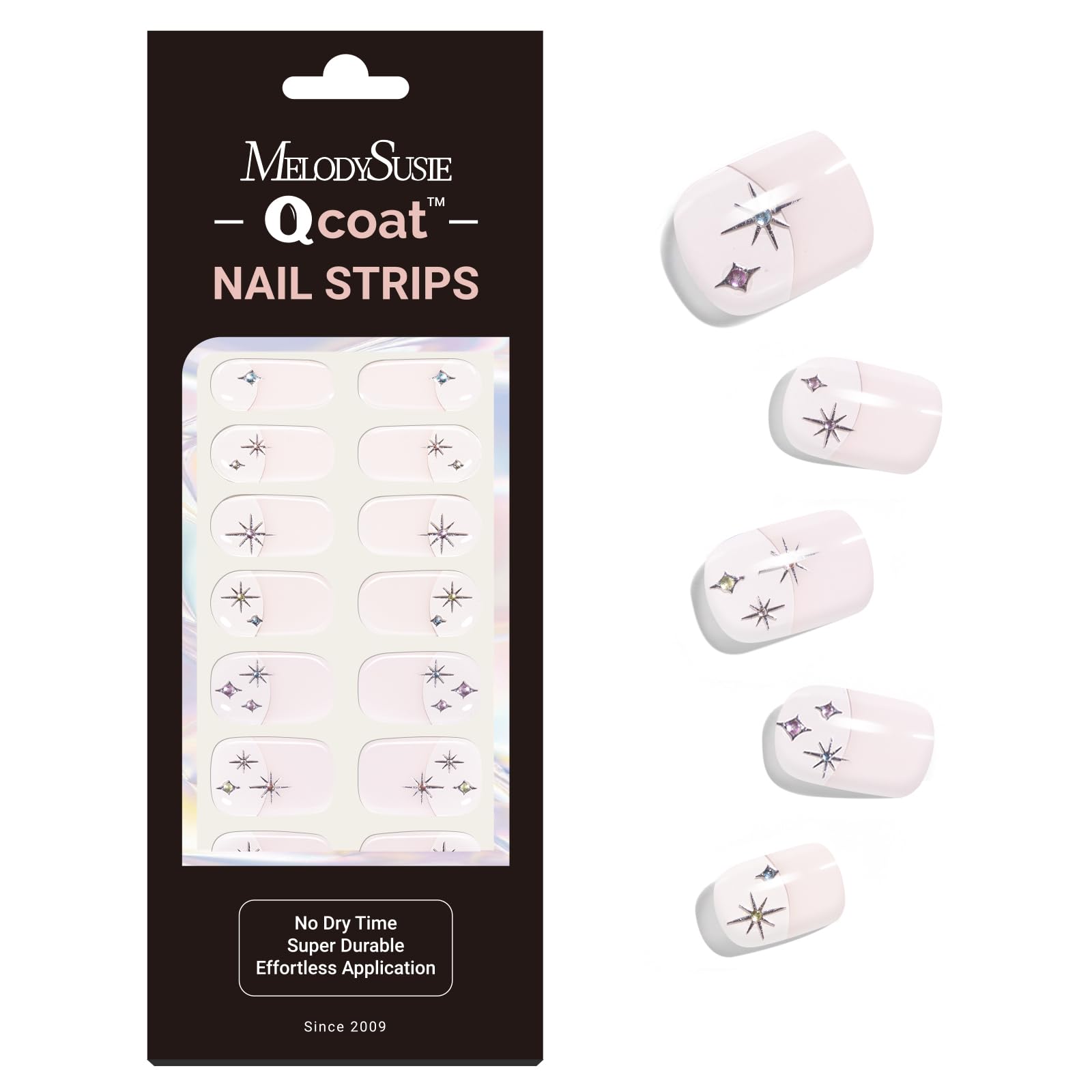 MelodySusie Qcoat Fully Cured Gel Nail Strips (Pink Star French Tips) - UV Free Nail Polish Strips, Salon-Quality, Long Lasting 