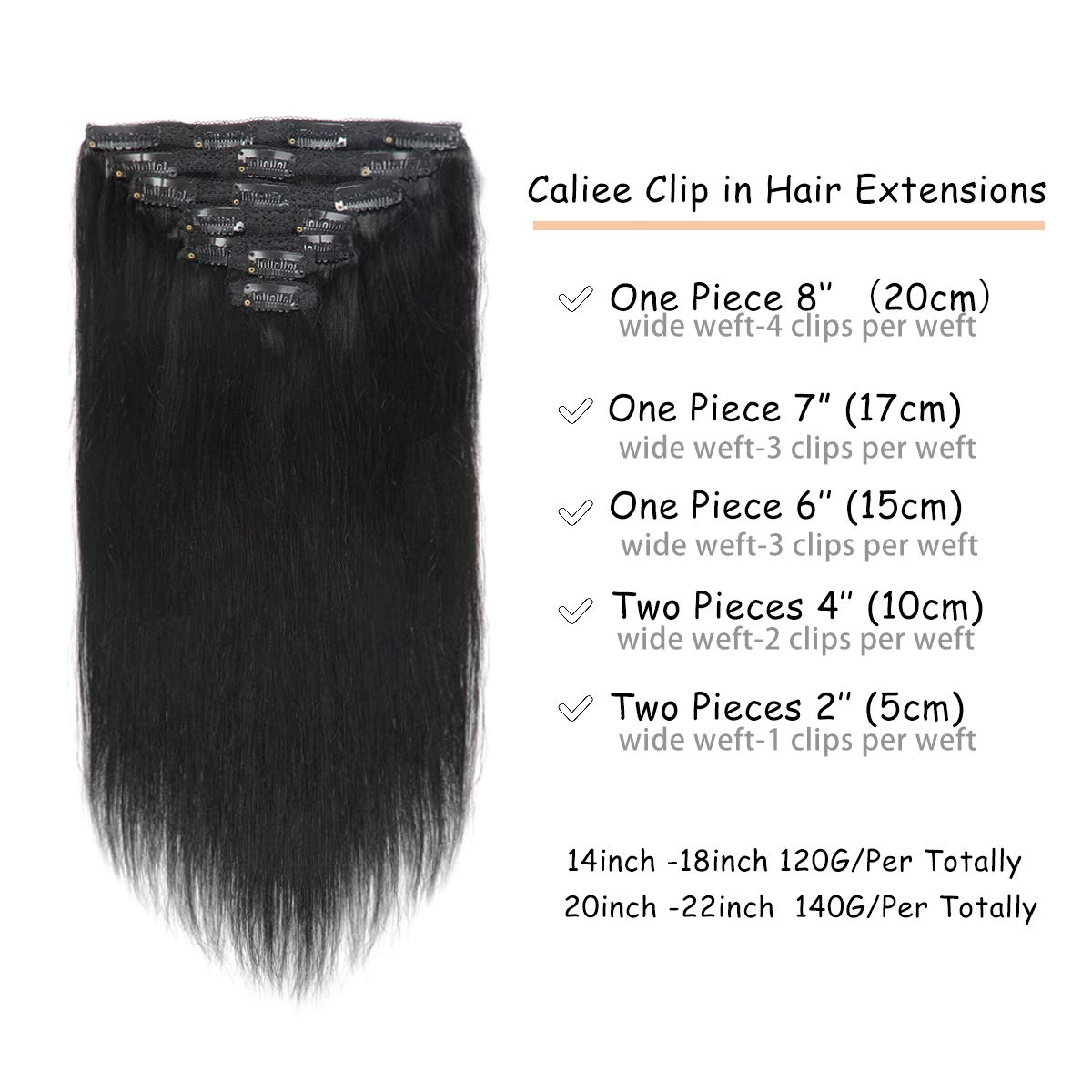 Caliee Clip In Hair Extensions Human Hair 20Inch Hair Extensions Clip In Human Hair Black Hair Extensions Clip In Color Jet Blac