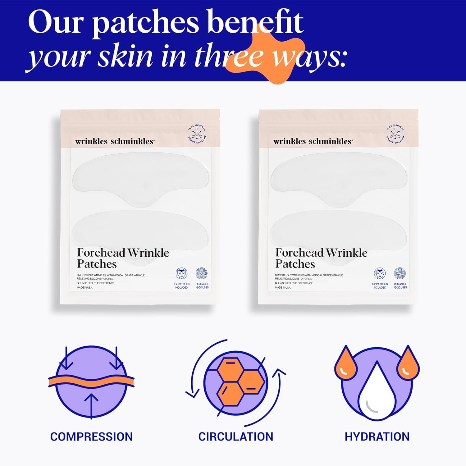 Wrinkles Schminkles Forehead Wrinkle Patches, 4-Pack, Reusable Hypoallergenic Silicone Smoothing Pads for Reducing Frown Lines &