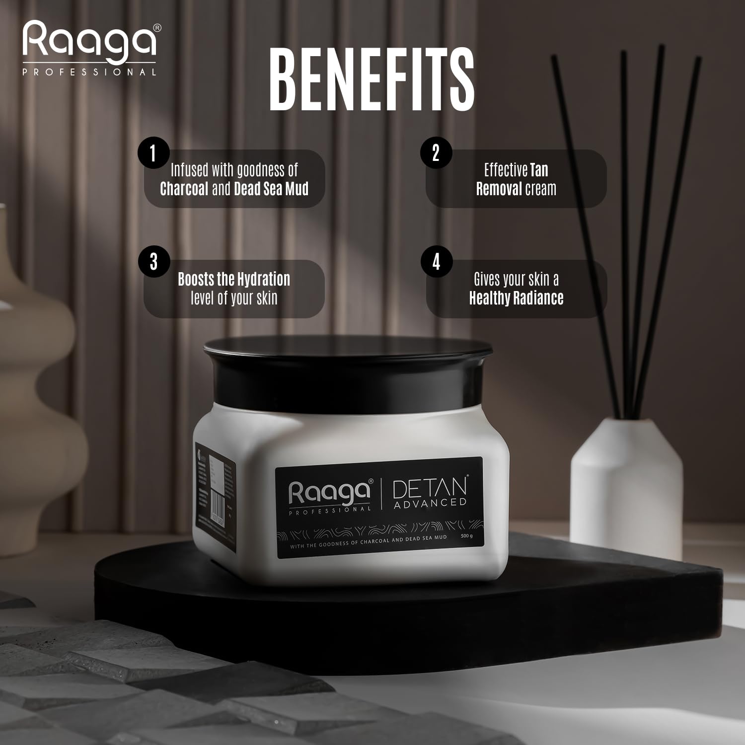Raaga Professional Detan Advanced Cream 17.64 Ounce (500g) | to Nourish & Hydrate | with Goodness of Charcoal & Dead Sea Mud | D