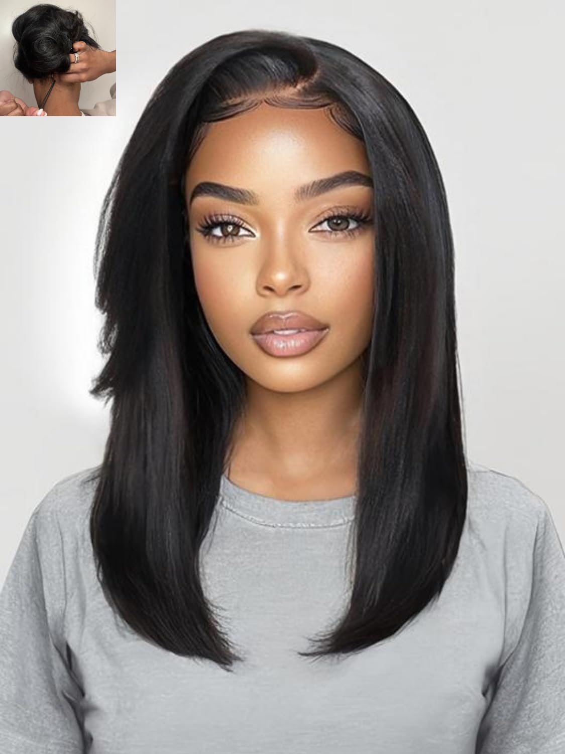 Nadula Yaki Straight Drawstring Wig Human Hair with Side Layered Bangs, Pre Cut Glueless 7x5 HD Bye Bye Knots Wig Pre Plucked Bl
