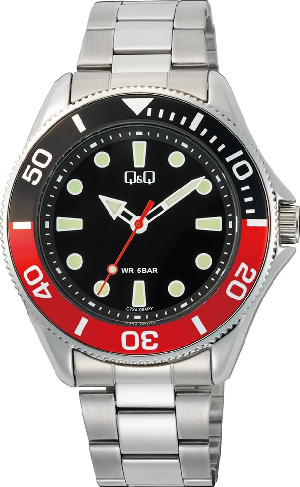 Q&Q MenS Stainless Steel Sports Analog Watch | Black Dial With RedBlack Bezel, Luminous Hands, 50M Water Resistant, Japanese Qu