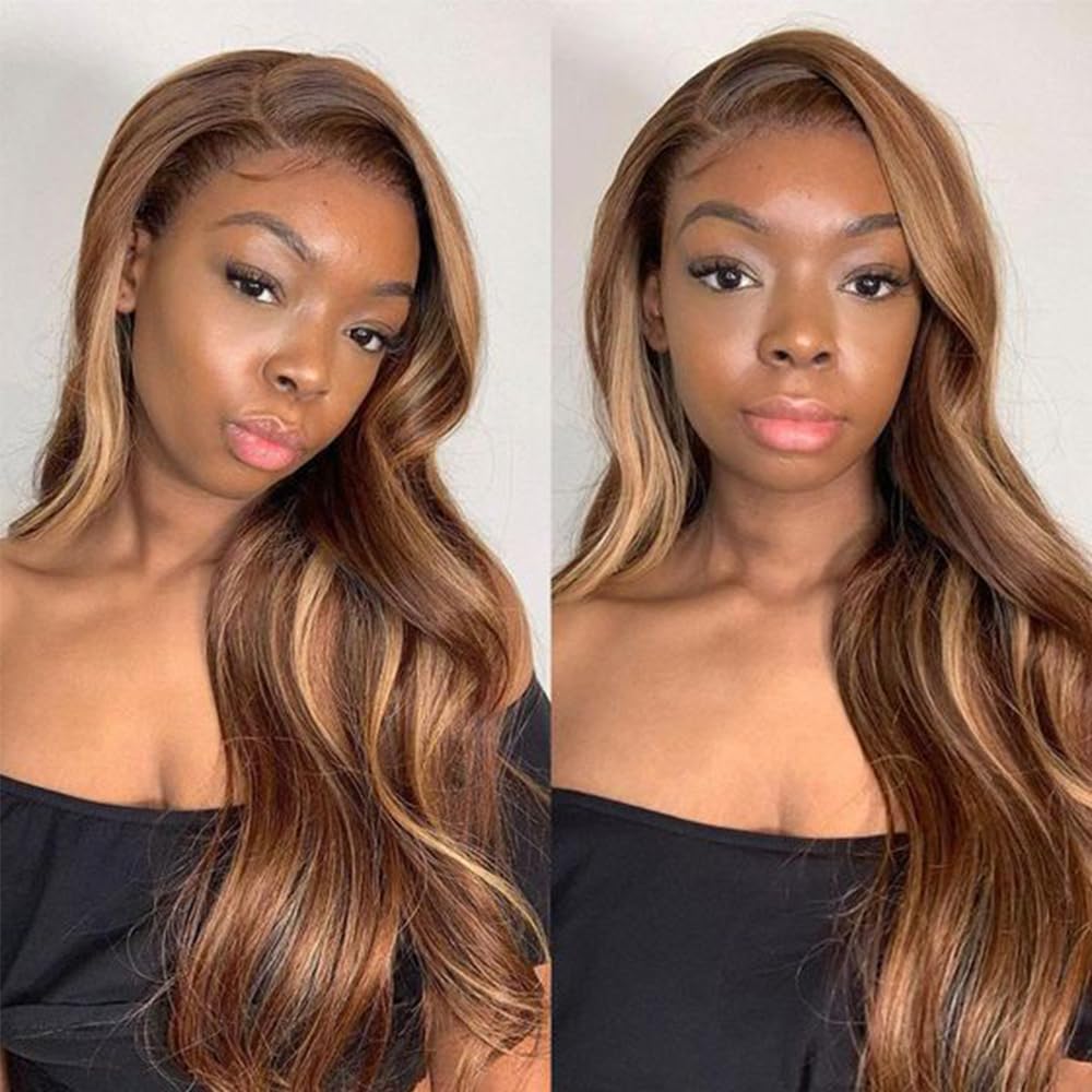 26 inch 4/27 Brown Colored 13x6 Highlight Ombre Lace Front Wigs Human Hair 180 Density Full Frontal Glueless HD Transparent Hone