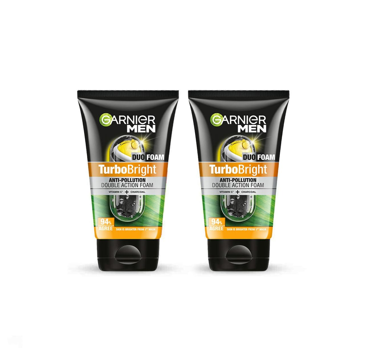 Garnier Men Turbo Bright AntiPollution Double Action Face Wash With Vitamin C + Black Charcoal 50G (Pack Of 2) 100G