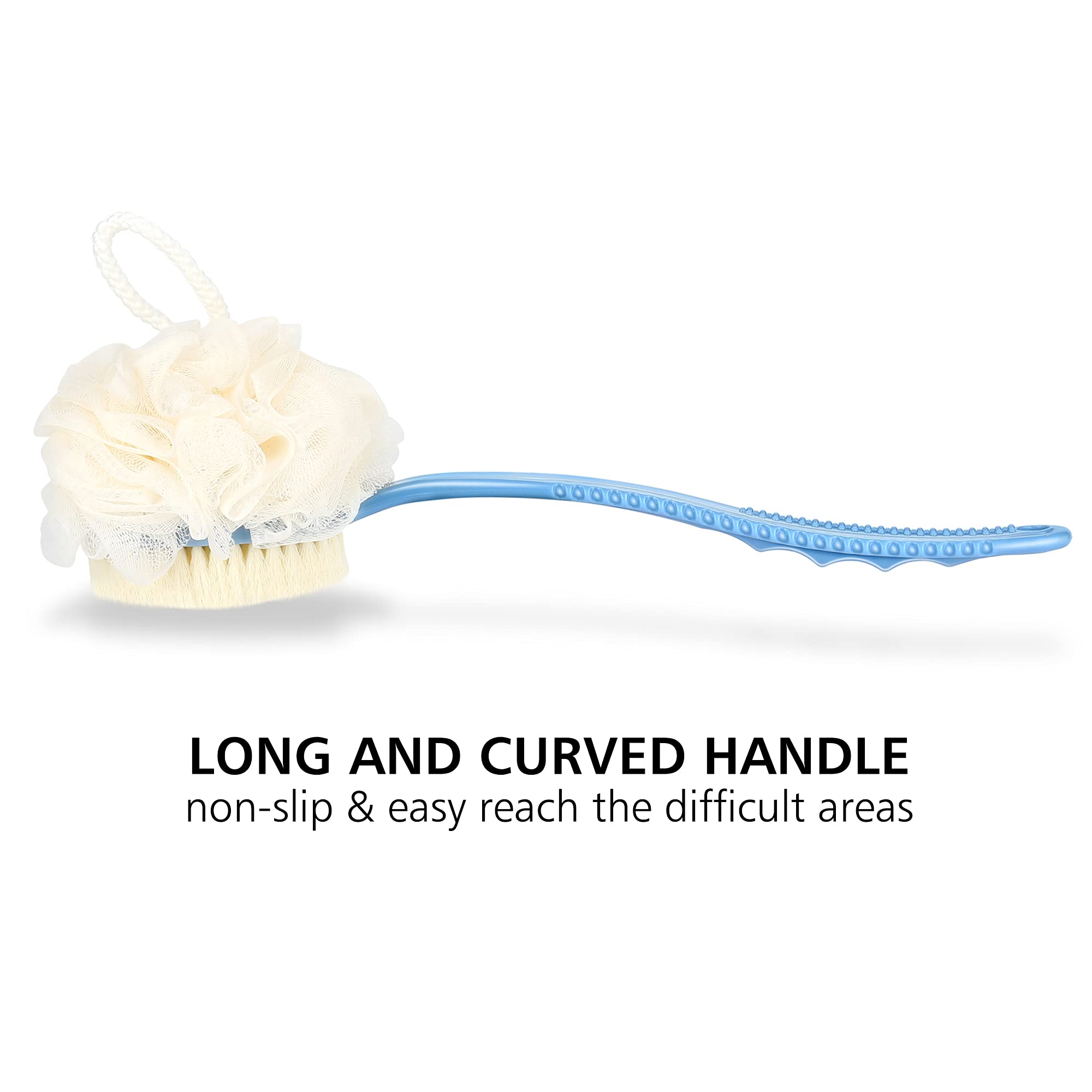 Shower Body Brush With Bristles And Loofah,Back Scrubber Bath Mesh Sponge With Curved Long Handle For Skin Exfoliating Bath, Mas