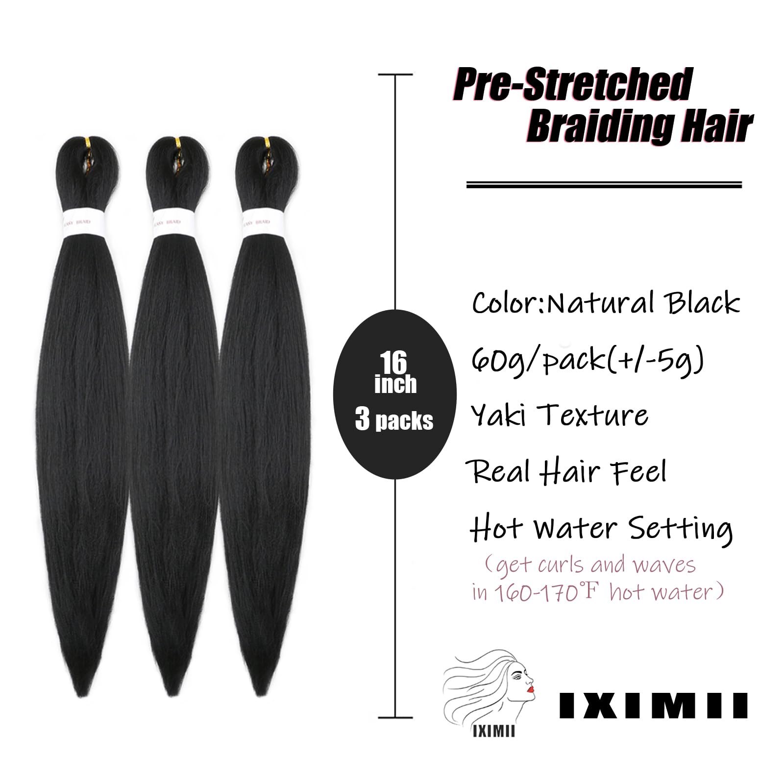 Iximii 3 Packs #1B Pre Stretched Braiding Hair 16 Inch Natural Black Kanekalon Hair Soft Prestretched Long Straight Synthetic Br