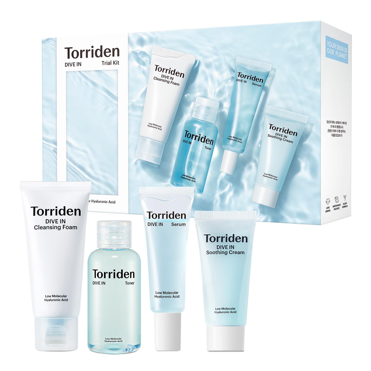 Torriden Dive-In Trial Kit, Hyaluronic Acid Infused Daily Skincare Kit - 4 Step Regimen With Foam Cleanser, Facial Toner, Serum,