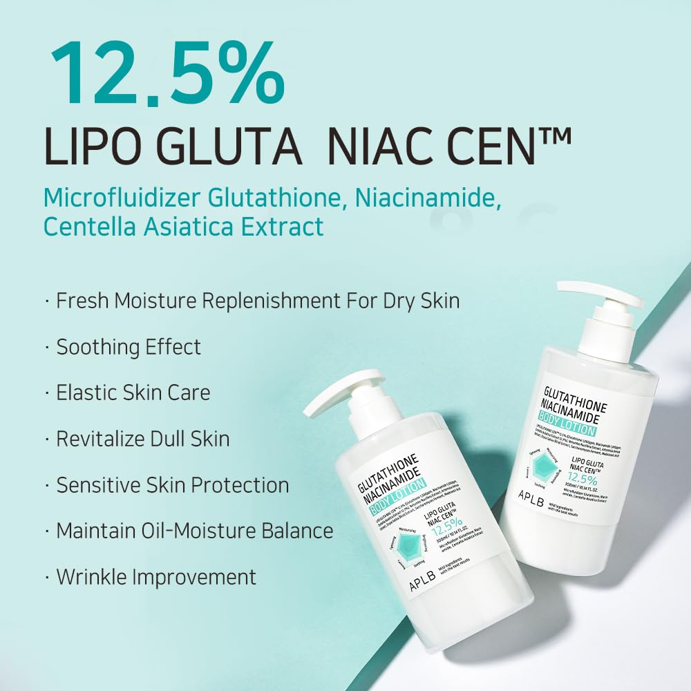 Aplb Glutathione Niacinamide Body Lotion | Lipo Gluta Niac Cen 12.5% 10.14 Fl.Oz/Korean Skincare, Long Lasting Hydration, Revita