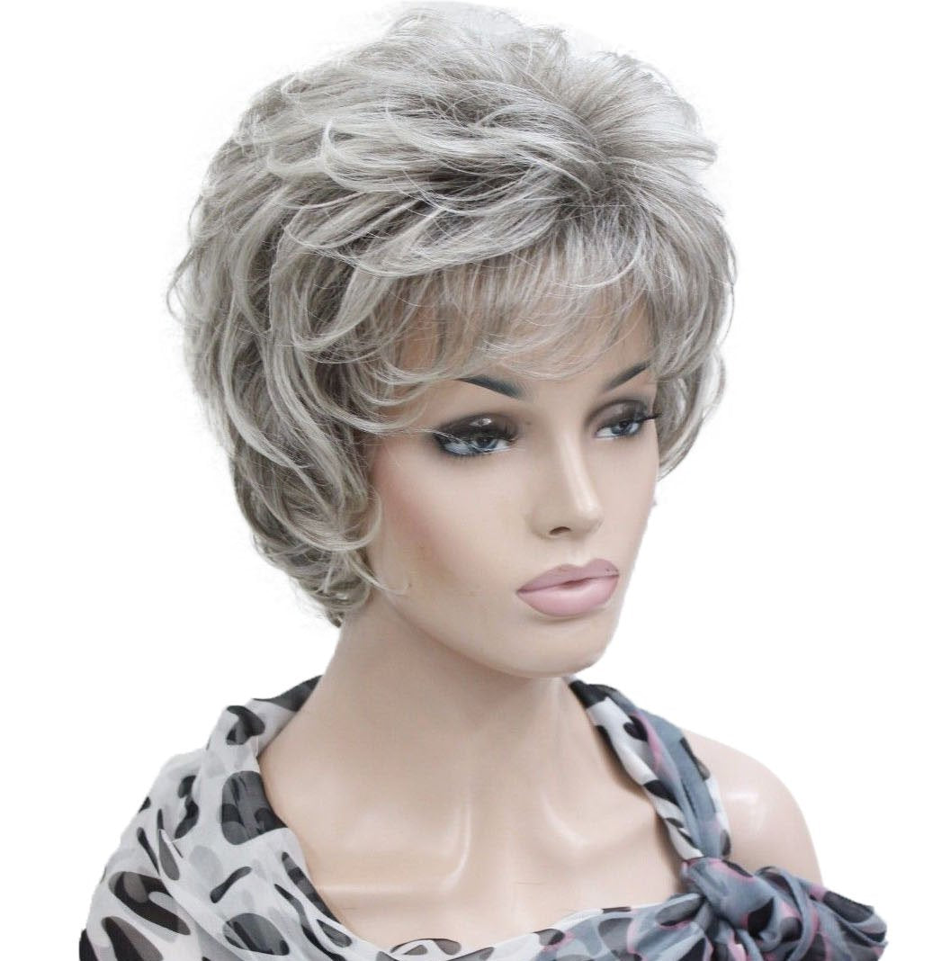 Lydell Women'S Short Curly Wavy Wig Light Gray With Dark Root Synthetic Hair Full Wig 6 Inches