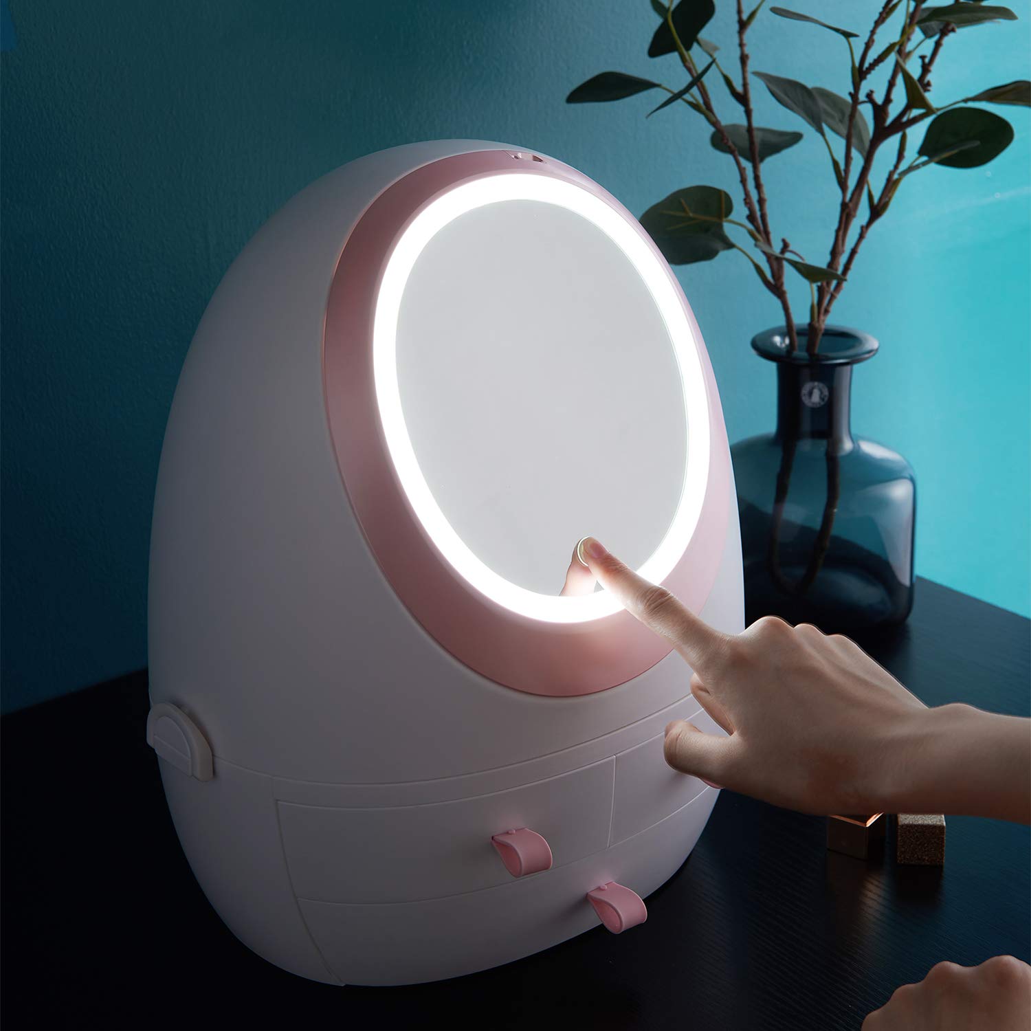 Sooyee Makeup Organizer,Bathroom Counter Organizer, Modern Jewelry and Cosmetic Display Cases with Led Lighted Mirror,Make Up Or