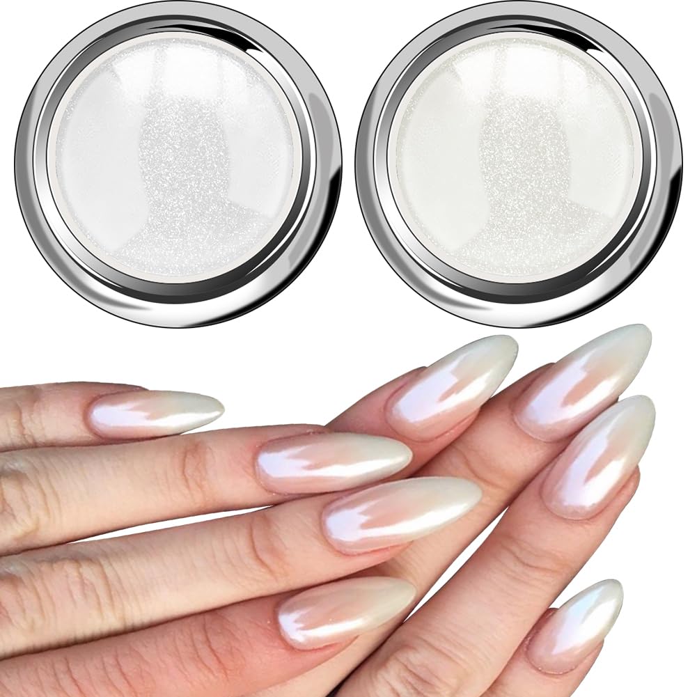 White Pearl Chrome Nail Powder - Aurora Ice Shimmer Nail Powder Chrome Pigment Powder for Nails, Gifts for Women Mirror Effect G