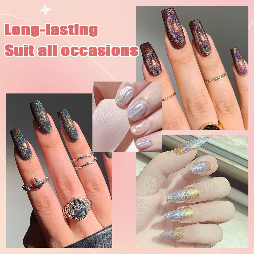 Allstarry Chrome Nail Powder Holographic Aurora Metallic Mirror Laser Effect Pigment, Iridescent Icy Aurora Glitter Dust Kit For