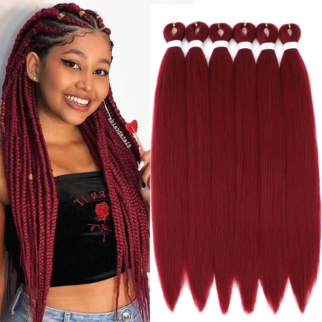 34inch Long Braiding Hair Pre Stretched 6 Packs 110G/Pack Burgundy Easy Braids Yaki Texture Synthetic PreStretched Crochet Hair 