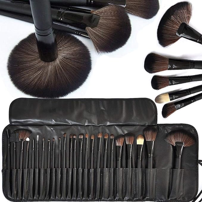 La Venust Fiber Bristle Makeup Brush Set With Black Leather Case Black, 24 Pieces