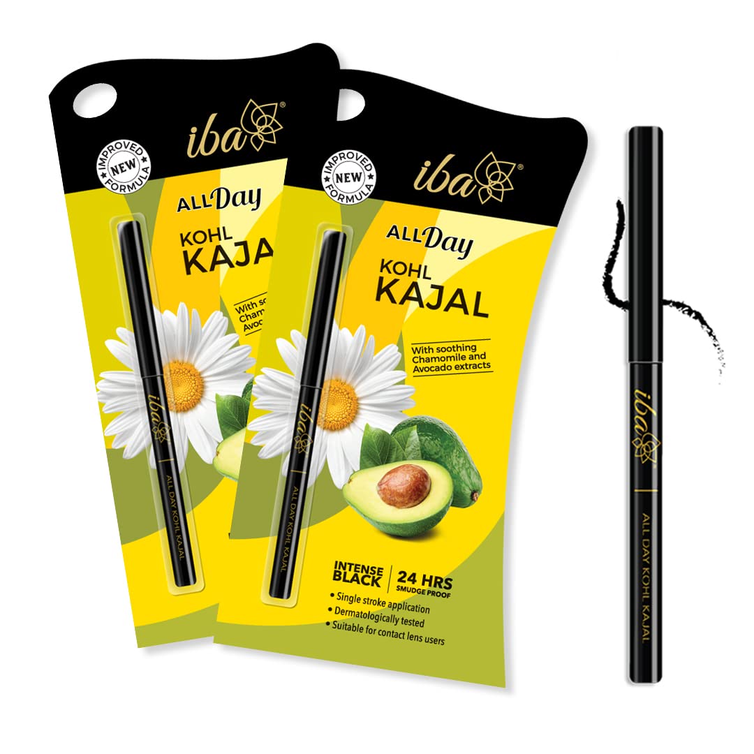 Iba All Day Kohl Kajal, Jet Black, 0.30G (Pack Of 2) | 24 Hr Long Stay | Smudge Proof & Waterproof Eye Makeup | Deep Matte Finis