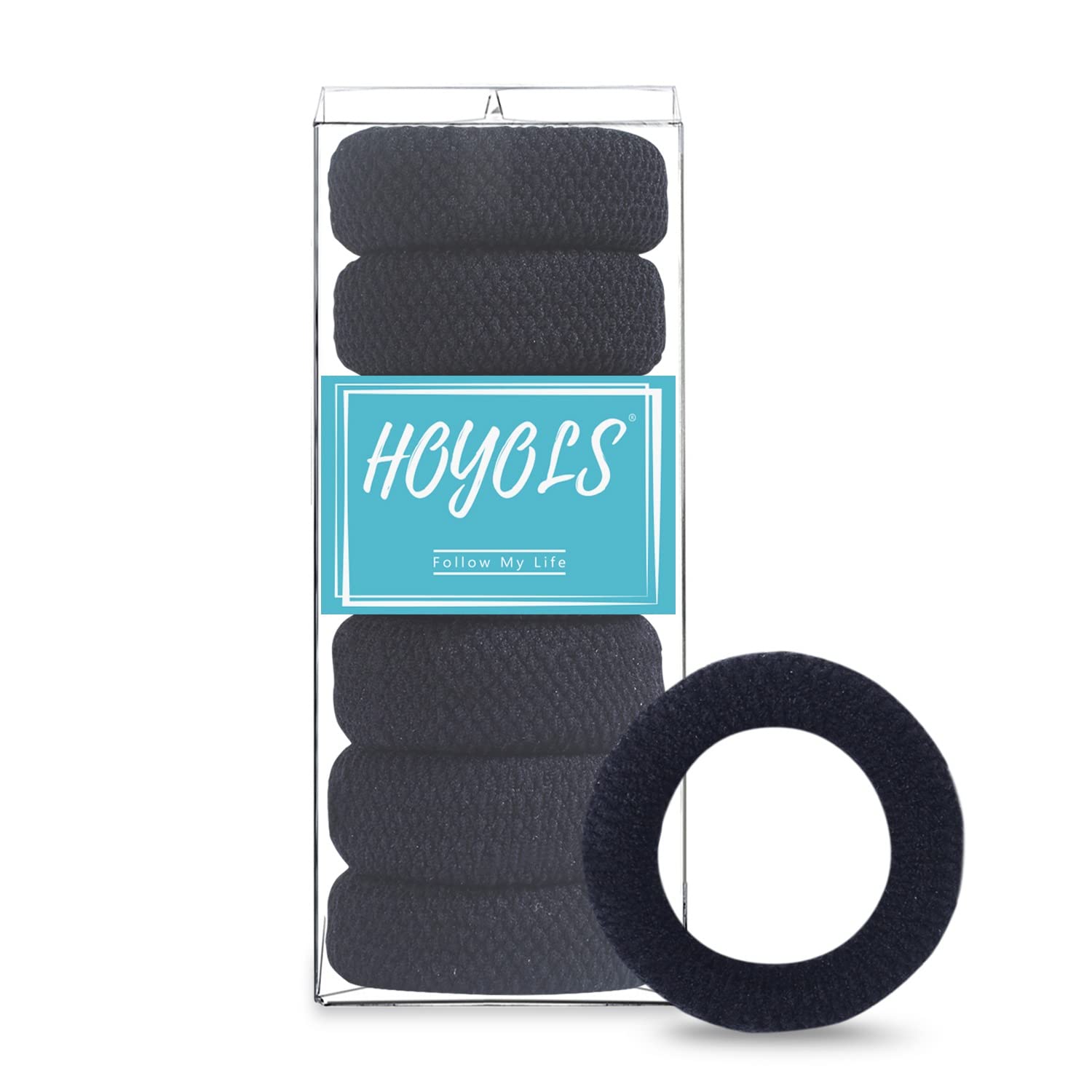 HOYOLS Large Black Hair Ties for Thick Hair, Soft Strong Ponytail Holder Seamless Hair Bands Cotton No Damage Scrunchies for Wom