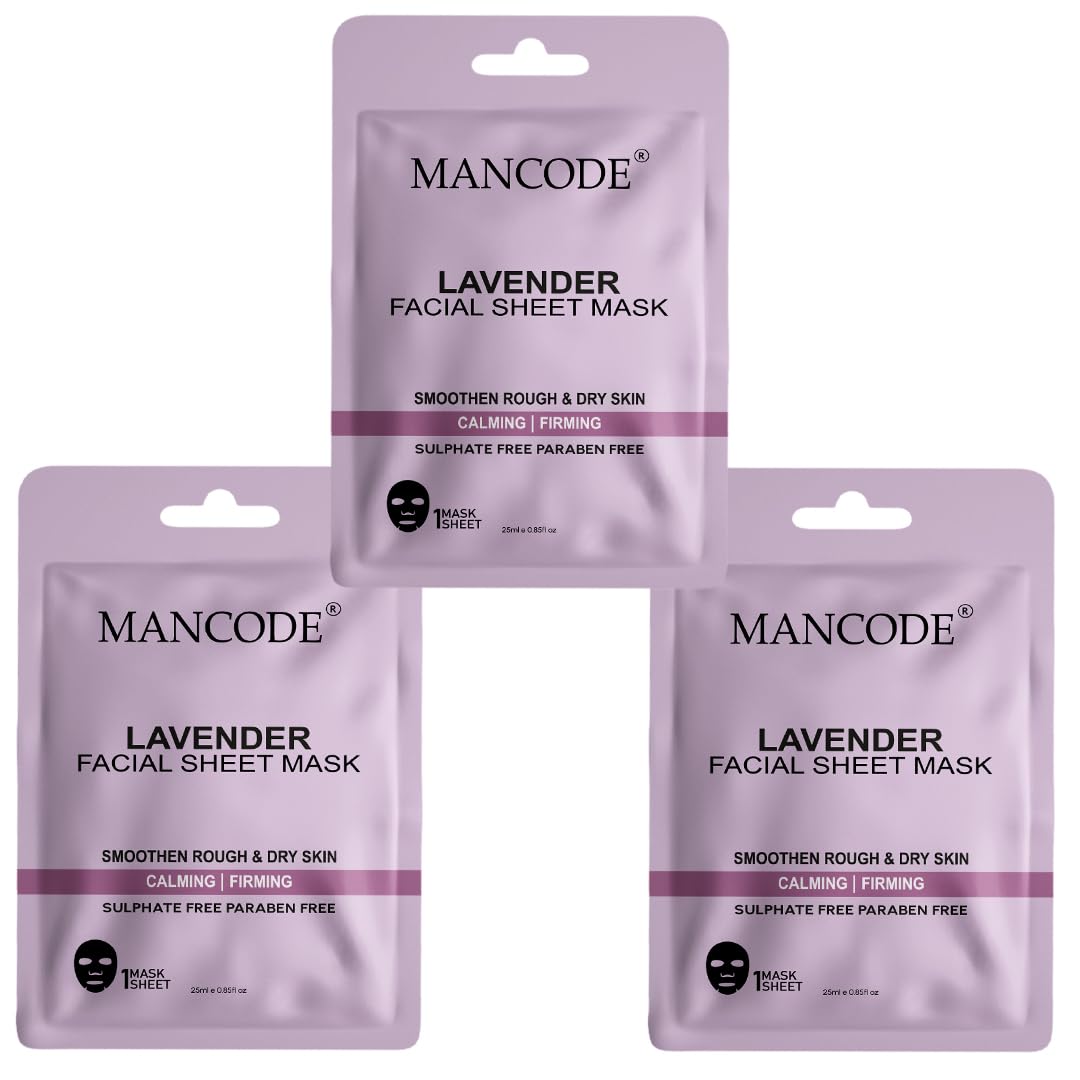 Mancode Lavender Facial Sheet Mask 25Ml Smoothen Rough & Dry Skin Calming Firming Pore Reducing, Brightening And Enhances Daily 