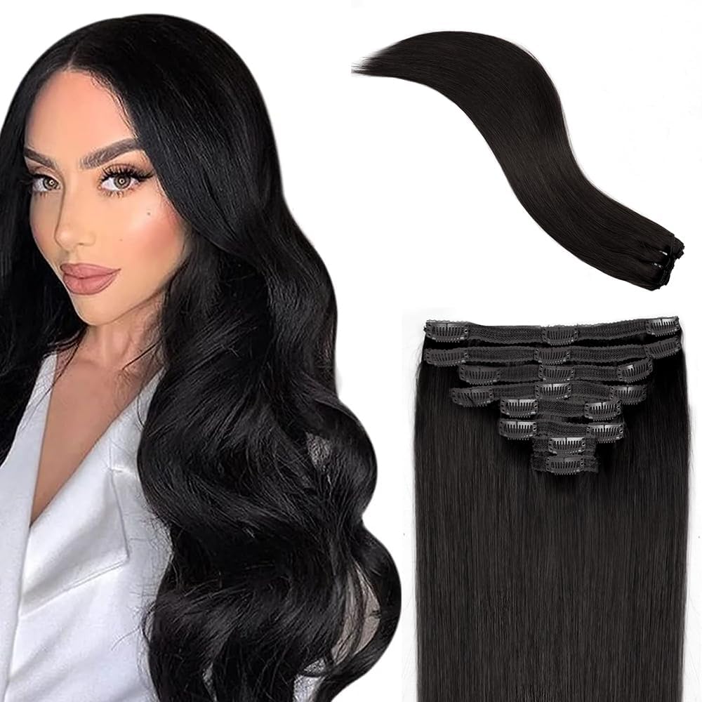 Pobokix Straight Clip In Hair Extensions Real Human Hair 8Pcs Clip In Jet Black Human Hair Extensions with 18Clips Lace Weft 120