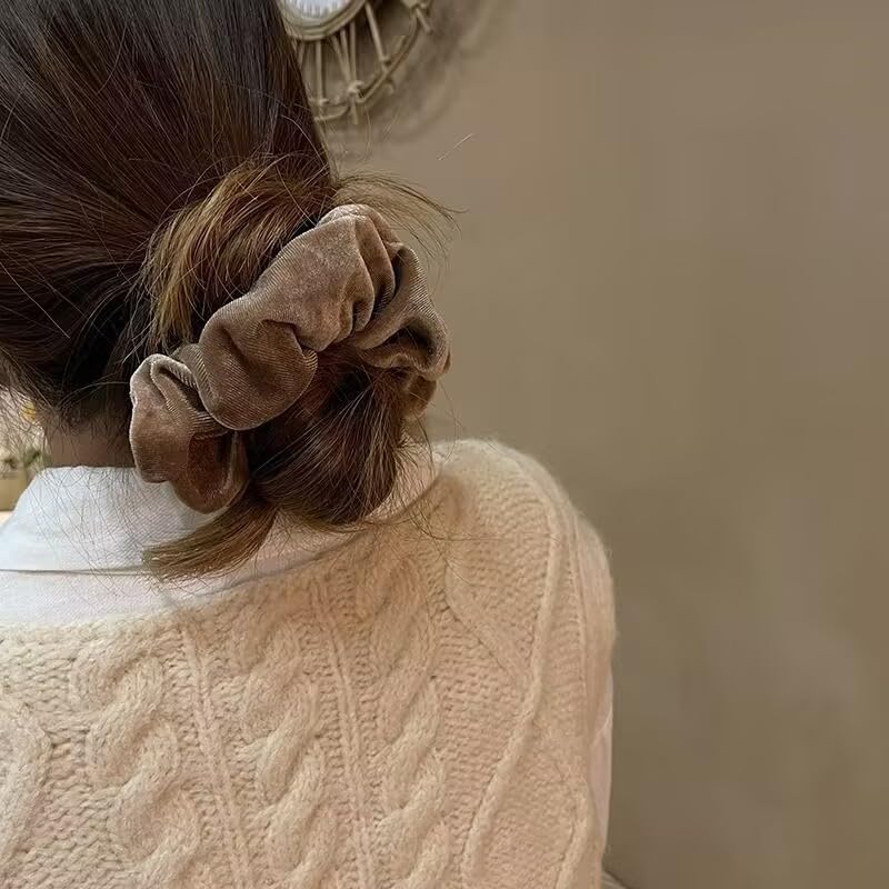 TUCEWP Velvet Scrunchies for Women Girls 4Pcs Large Brown Black Scrunchies Long Thick Curly Hair Soft Hair Bands Neutral Scrunch