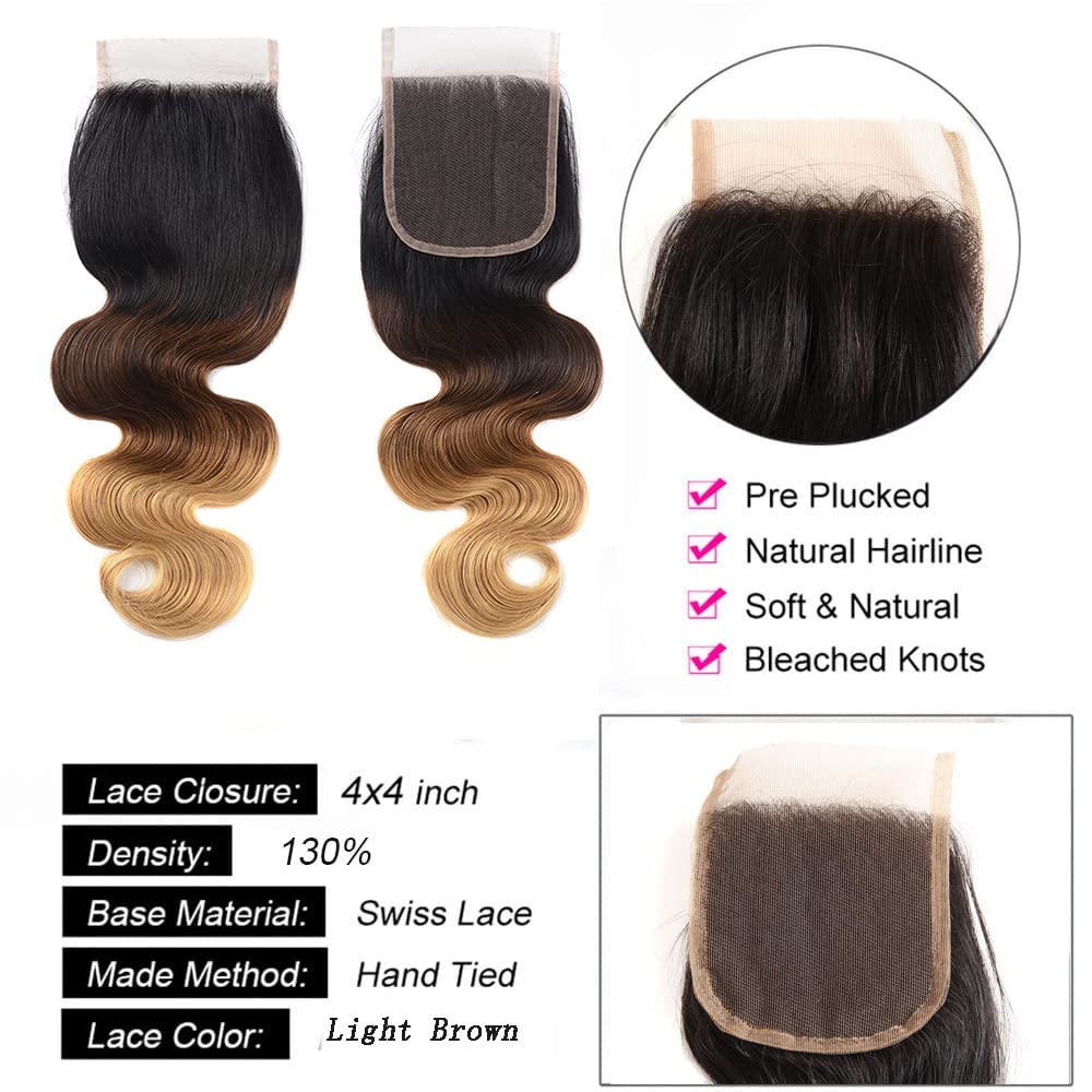 Isufer Ombre Closure Human Hair Pre Plucked With Baby Hair Lace Closure Only 4X4 Transparent Lace Body Wave 3 Tone Closure Ombre