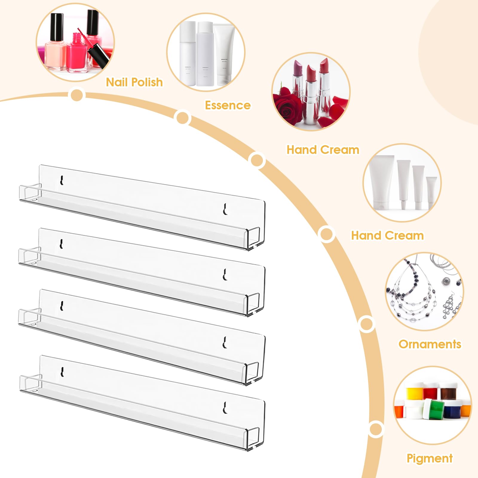 AumVum 6 Pack Nail Polish Organizer Wall Mounted Shelf with Removable Anti-Slip End Inserts, Paint Rack Acrylic Organizers Displ